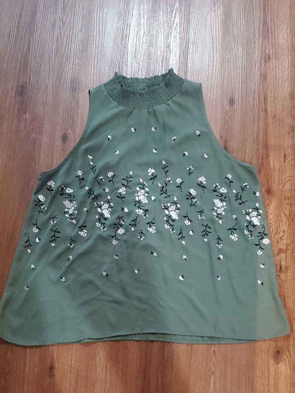 Chenault Olive Green High-Neck Sleeveless Floral Embroidered Top
